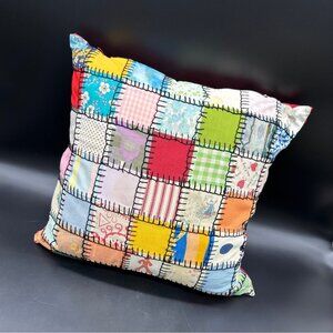 Vintage Throw Pillow Handmade Patchwork Decorative Folk Art Cushion 1950s